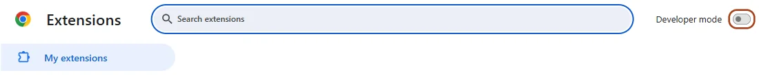 The Chrome Extensions page, with the Developer mode switch at the top right circled.