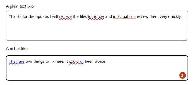 Two text boxes on a web page. Mistakes have wavy underlines, and a small orange badge shows 2 suggestions.